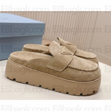 Prada flatform with metal triangle logo mule beige suede 2025