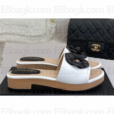 Chanel Camellia lambskin slippers heel 4cm white/black 2025