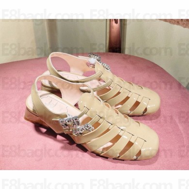 Roger Vivier patent calf leather Mary Janes With square crystal buckle beige 2025