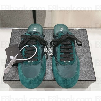 Prada women's Collapse Re-Nylon and suede elasticized mule Fir Green 2025