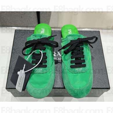 Prada women's Collapse Re-Nylon and suede elasticized mule green 2025