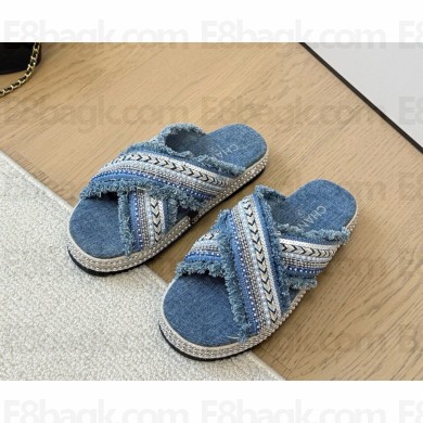 Chanel flat slipper with pearl blue 2025