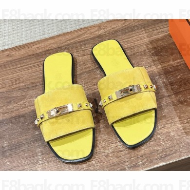 Hermes Giulia sandals in Suede with Kelly buckle and rivet yellow (original quality) 2025