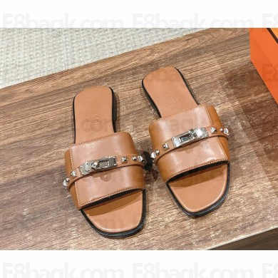 Hermes Giulia sandals in calfskin with Kelly buckle and rivet tan (original quality) 2025