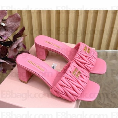MIU MIU Matelassé nappa leather slides 5XX657 pink heel 5.5cm 2025