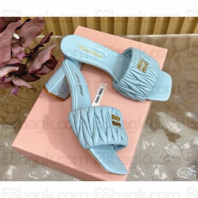 MIU MIU Matelassé nappa leather slides 5XX657 sky blue heel 5.5cm 2025
