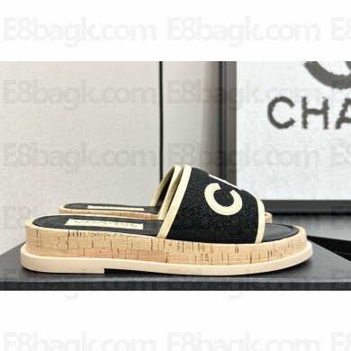 Chanel flat CC Tweed and leather mule black/beige 2025