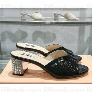 Miu Miu Croc Embossed Slide Sandals with Embellished Heel 5.5cm 5XX477 black 2025