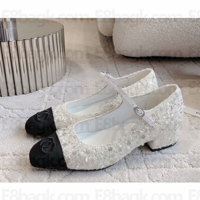 Chanel Sequins CC logo Mary Janes black/white heel 3.5cm 2025