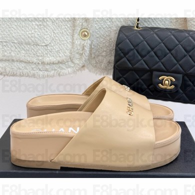 Chanel platform calf leather slippers beige 2025