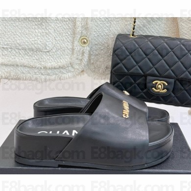 Chanel platform calf leather slippers black 2025