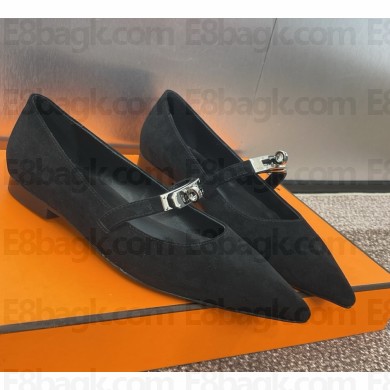 Hermes kiara pointed suede calfskin with kelly ballet flat black 2025