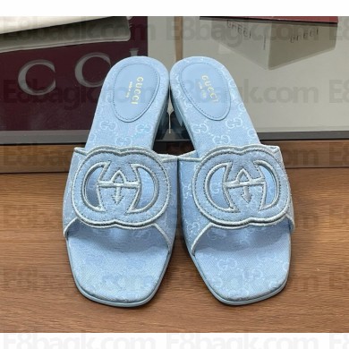 ‎Gucci women's Interlocking G cut-out slide sandals 790447 light blue GG canvas 2025