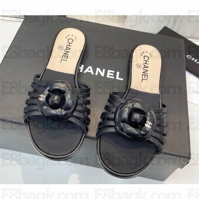 ‎Chanel Camellia lambskin flat slippers black 2025