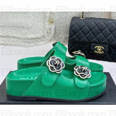 Chanel Camellia platform calf leather mules green 2025