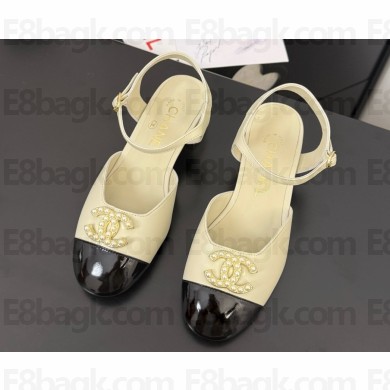 Chanel Lambskin and patent Calfskin mary janes with CC pearl logo black/white heel 4.5cm 2025 