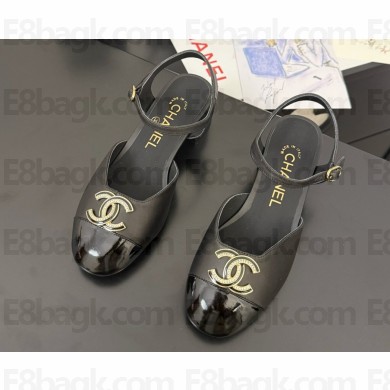 Chanel Lambskin and patent Calfskin mary janes with CC metal logo black heel 4.5cm 2025 
