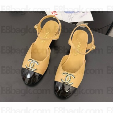 Chanel Lambskin and patent Calfskin mary janes with CC metal logo black/beige heel 4.5cm 2025 