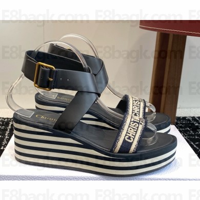 DIOR Dway Wedge Sandal Deep Blue Embroidered Cotton 2025
