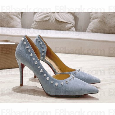 ‎Christian Louboutin heel 10cm/8.5cm suede pumps with strass light blue 2025