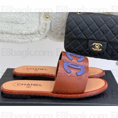 Chanel Flat sheepskin slippers brown/purple 2025