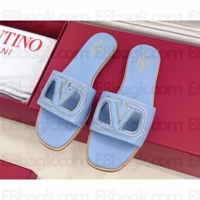 VALENTINO GARAVANI VLOGO cut-out calfskin flat slides sky blue 2025