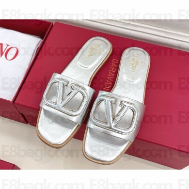 VALENTINO GARAVANI VLOGO cut-out calfskin flat slides silver 2025