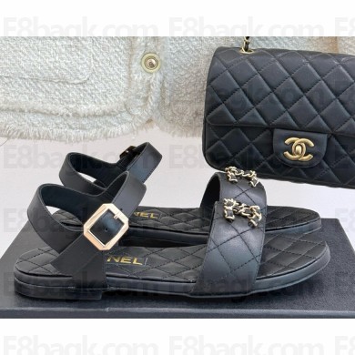 Chanel Flat sheepskin double C chain sandals black 2025
