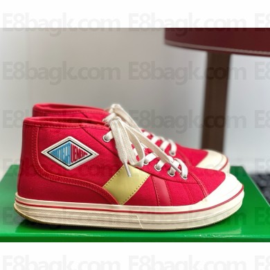Bottega Veneta women/men Eliot Sneaker Mid-top lace-up sneaker in canvas with leather trims Scarlet/tomato 2025