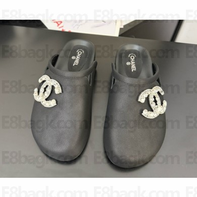 Chanel suede mule with crystal CC logo black 2025