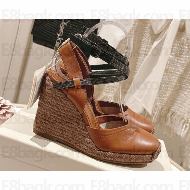 Brunello Cucinelli  calfskin wedge sandals brown heel 9cm 2025
