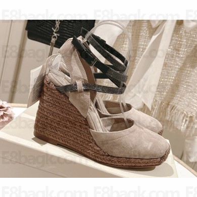 Brunello Cucinelli  Monili embellished suede wedge sandals light grey heel 9cm 2025