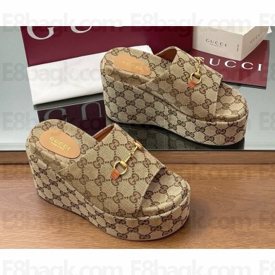 GUCCI Women's wedge sandal with Horsebit Beige and dark brown GG canvas 816328 heel 12cm platform 7cm 2025