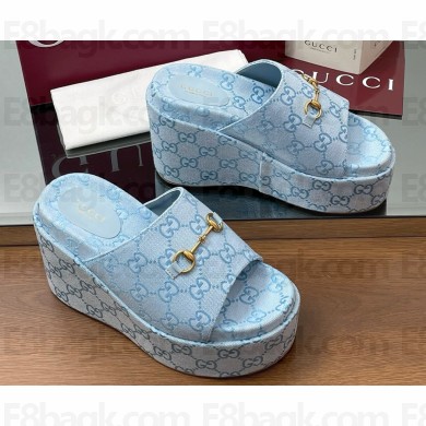 GUCCI Women's wedge sandal with Horsebit light blue GG canvas 816328 heel 12cm platform 7cm 2025