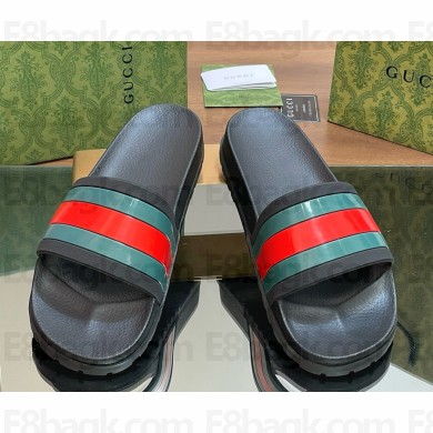 GUCCI Men's slide sandal with Web 429469 Black rubber with green and red Web 2025