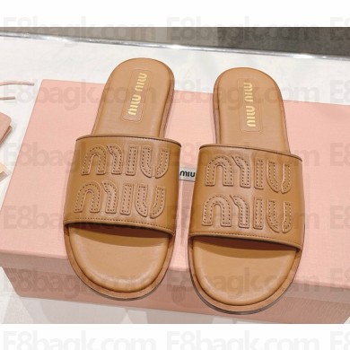 MIU MIU logo-patch calf leather slides beige 2025