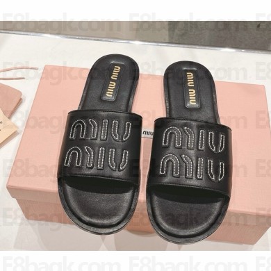 MIU MIU logo-patch calf leather slides black 2025