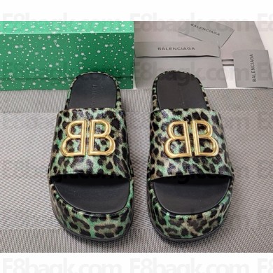 Balenciaga platform 4.5cm BB logo mules leopard green 2025