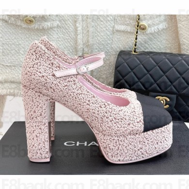 Chanel heel 11cm platform 4cm Mary Janes Cotton Tweed & Grosgrain G46434 pink & Black 2025