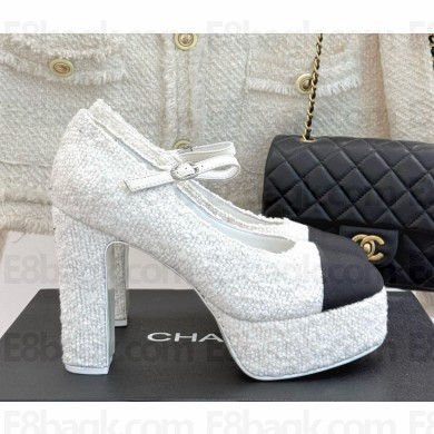 Chanel heel 11cm platform 4cm Mary Janes Cotton Tweed & Grosgrain G46434 White & Black 2025