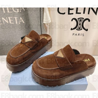 Prada flatform with metal triangle logo mules suede brown 2025