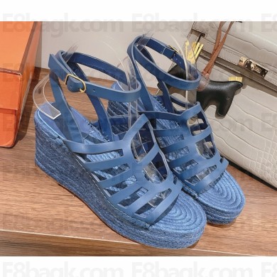 Hermes heel 8.5cm Platform 5cm calf leather espadrille sandals blue 2025