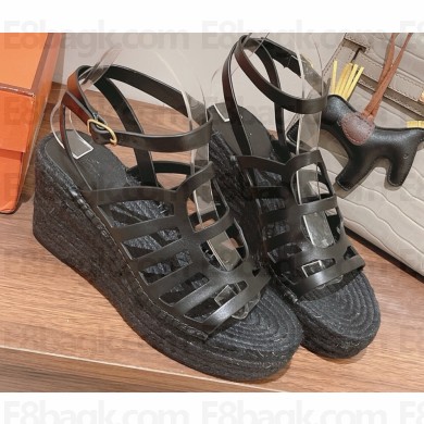 Hermes heel 8.5cm Platform 5cm calf leather espadrille sandals black 2025ss