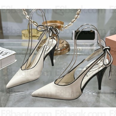 MIU MIU Pointed Toe calf leather Slingback Pumps IVORY heel 9cm 2025