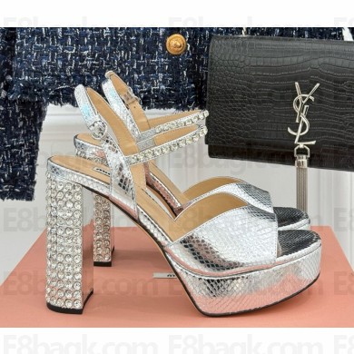 MIU MIU crystal-embellished embossed sandals silver heel 11cm platform 3cm 2025