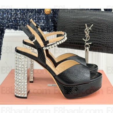 MIU MIU crystal-embellished embossed sandals black heel 11cm platform 3cm 2025