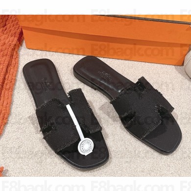 Hermes Oran sandal fringed linen canvas black 2025