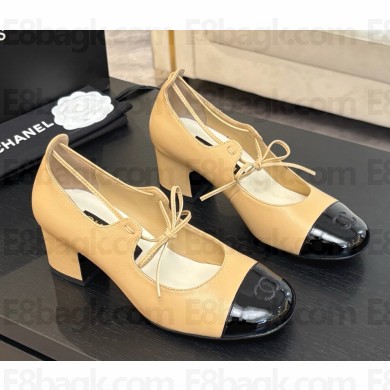 Chanel Mary Janes Lambskin & Patent Calfskin G46323 beige & black heel 5cm 2025