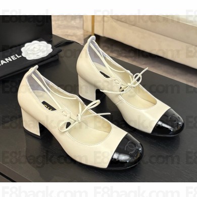 Chanel Mary Janes Lambskin & Patent Calfskin G46323 Ivory & black heel 5cm 2025