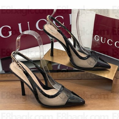 Gucci Signoria slingback pump Black mesh Black patent leather trim 816636 heel 10.5cm 2025
